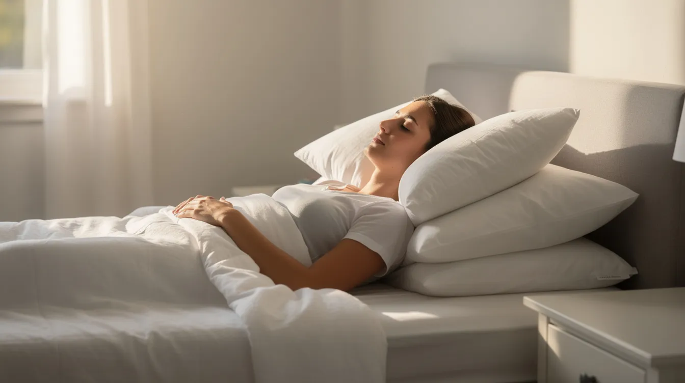 A person is sleeping propped up on multiple pillows in bed, with their head elevated to aid in the recovery process following eyelid surgery. This position helps manage swelling and bruising, promoting optimal healing after lower blepharoplasty.