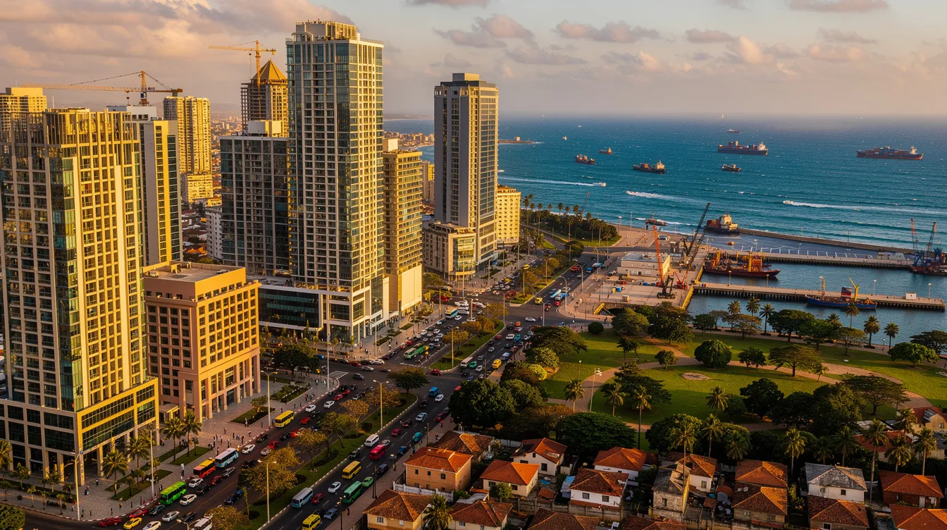 An aerial view of a vibrant modern African coastal city showcases tall buildings set against the backdrop of the ocean, reflecting the region's economic growth and stability. This bustling urban landscape highlights Senegal's banking landscape, where local banks cater to the needs of expats managing foreign income and utilizing mobile banking solutions for seamless financial operations.