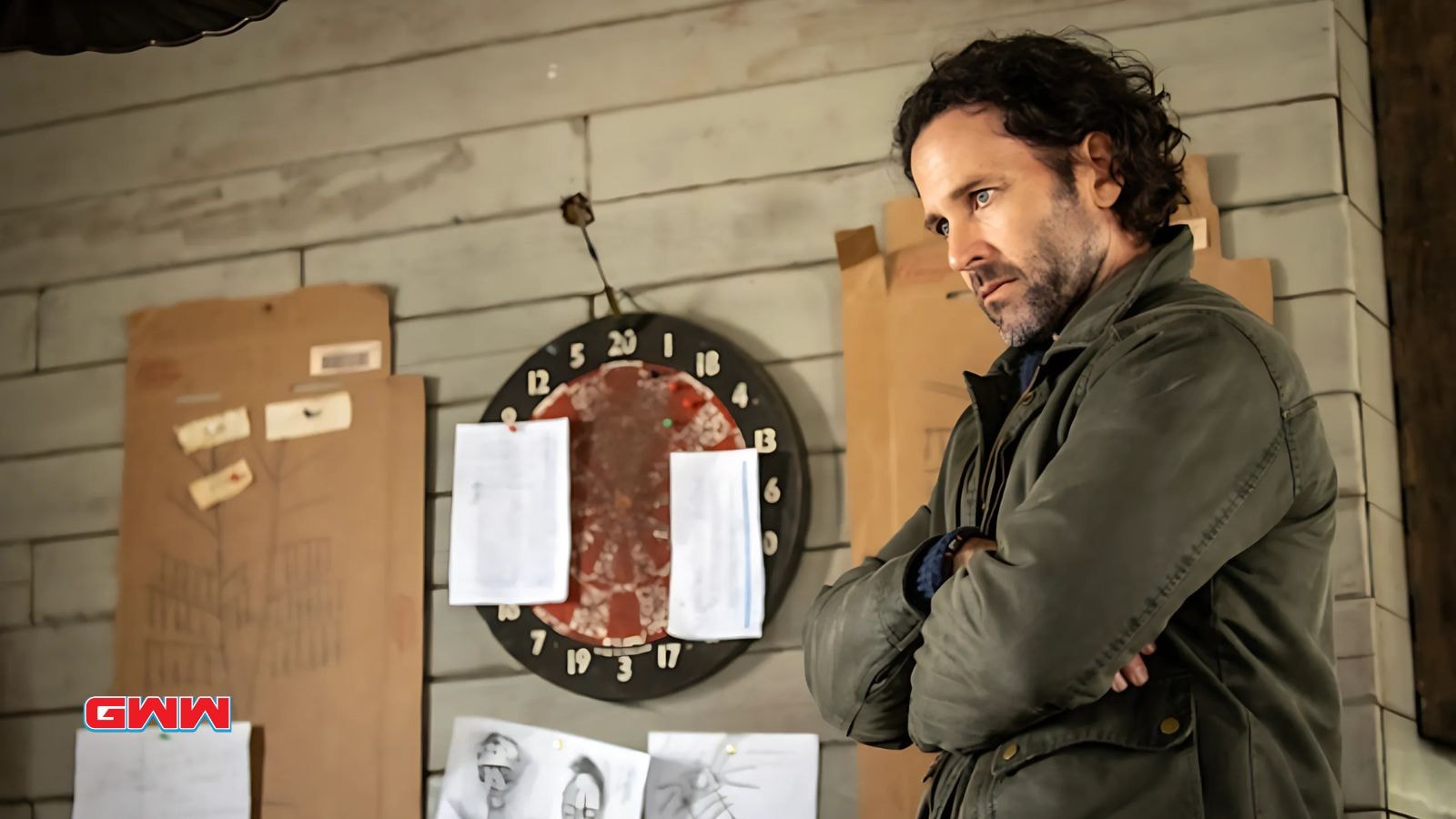 Eion Bailey as Jim Matthews looking serious in From season 3