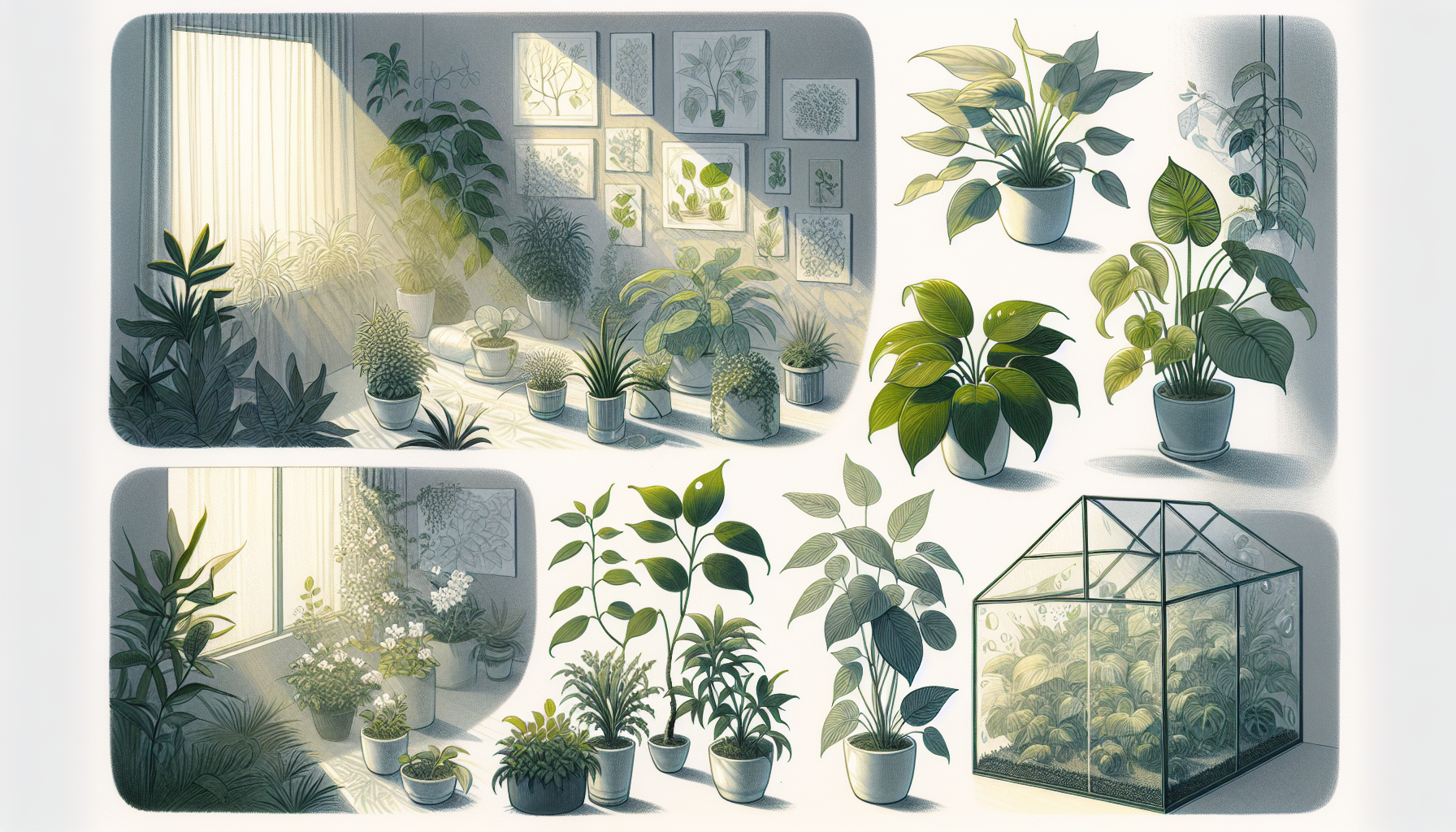 Illustration of indoor plants in various light and humidity conditions