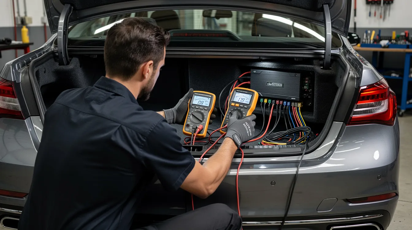 A technician is inspecting a car amplifier in the trunk of a vehicle, using a multimeter to check the power and ground connections, ensuring that the amplifier is securely connected and not in protection mode. Various wires, including speaker wires and a remote turn-on wire, are visible as the technician troubleshoots potential issues like loose connections or a blown fuse.