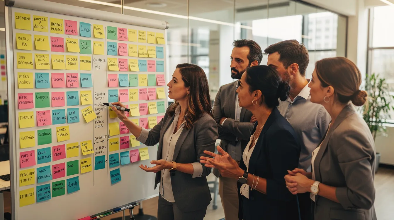 Des professionnels se tiennent debout autour d'un tableau blanc rempli de notes colorées, échangeant des idées lors d'un atelier collaboratif. Cette scène illustre le développement de l'intelligence collective au sein de l'équipe, favorisant la créativité et la prise de décision efficace.