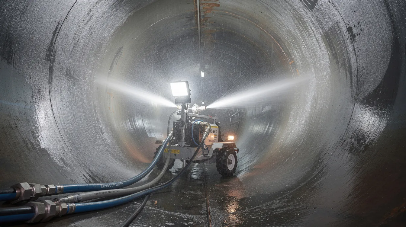 The image shows high-pressure water jetting equipment actively spraying water inside a large pipe, demonstrating a specialized drain cleaning service. This equipment is essential for maintaining a smoothly functioning plumbing system, effectively addressing plumbing issues and ensuring customer satisfaction.