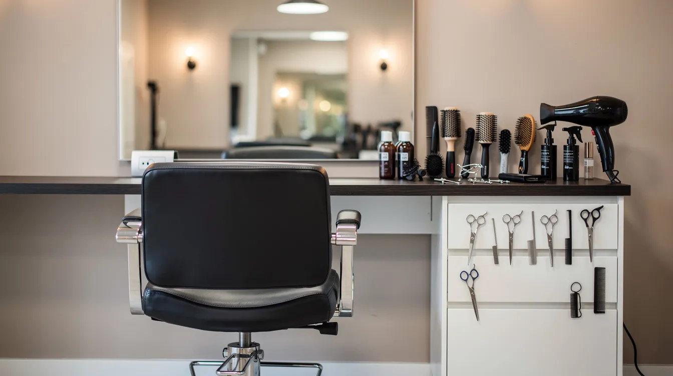 A stylish hair salon chair is positioned in front of a large mirror, with an assortment of neatly arranged hair tools beside it, creating a welcoming environment for loyal customers. This setup enhances the customer experience, encouraging repeat visits and building lasting customer relationships.