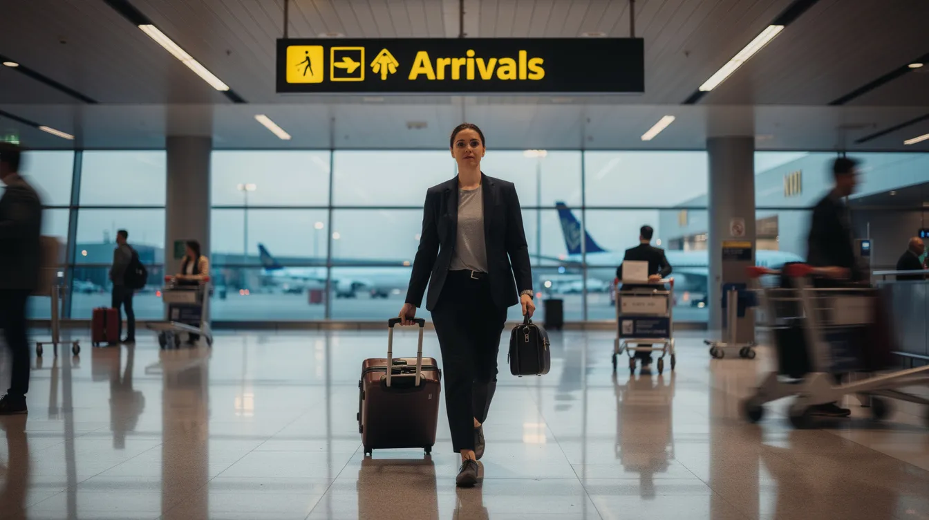 A confident individual is walking through an airport arrivals hall, carrying luggage, symbolizing the journey of immigration and citizenship. This scene reflects the essential role of immigration and citizenship consultants in helping individuals navigate their pathways to Canada.