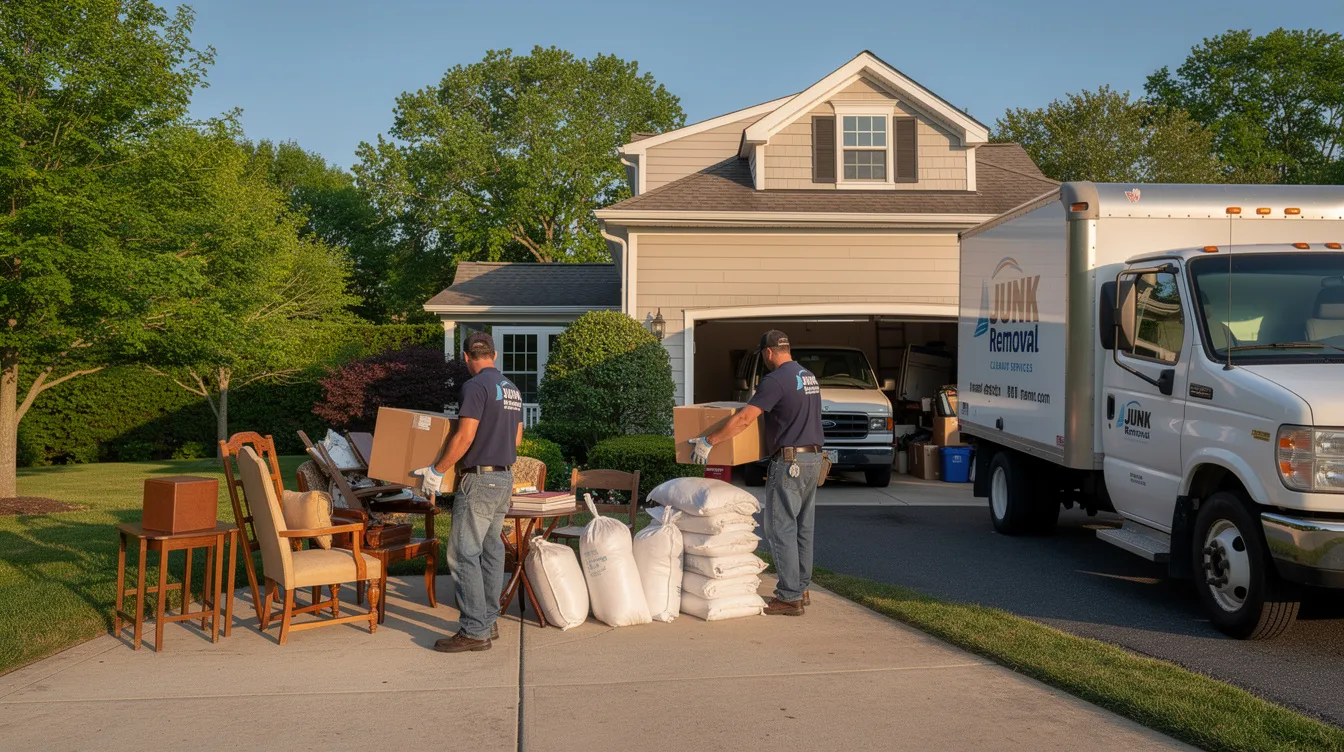 A clean junk removal crew is efficiently loading unwanted household debris, including old furniture and appliances, from a garage in Connecticut. This professional team is committed to responsible disposal and offers full-service junk removal for residential and commercial clients.