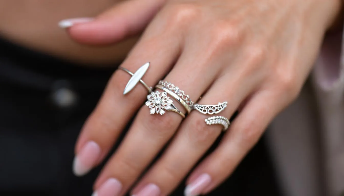 The image features a collection of stylish silver rings, including stacking rings and fashion rings, elegantly displayed to showcase their unique designs and versatility. These sterling silver rings are perfect for mixing and matching, allowing women to create distinctive outfits for any occasion.
