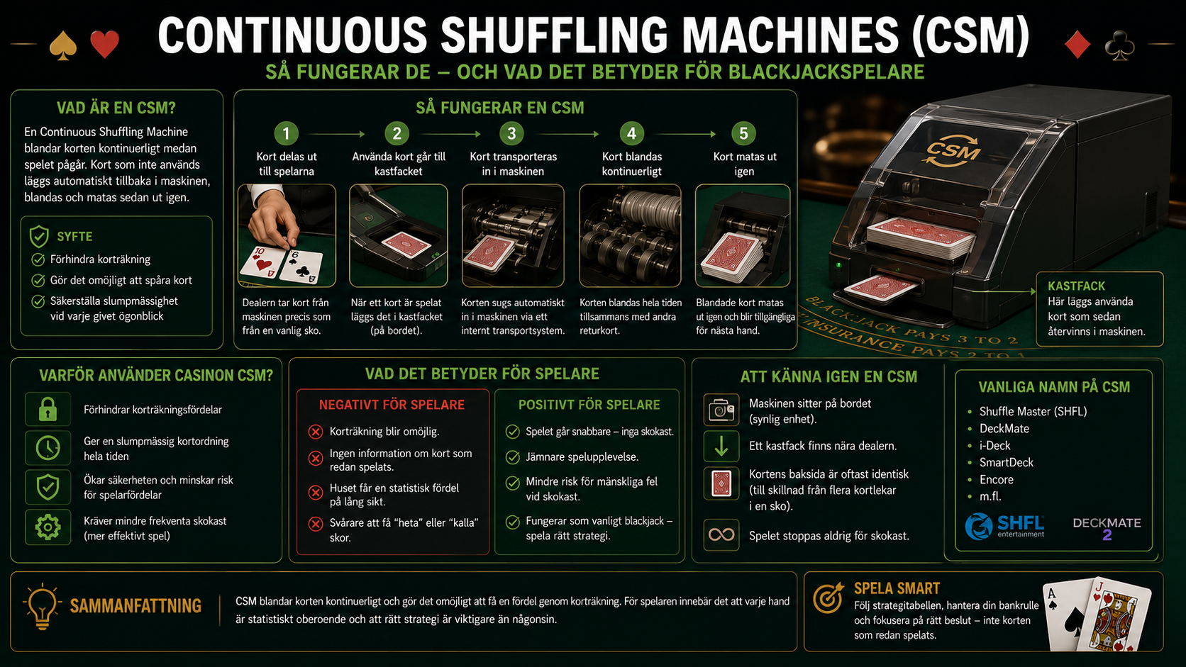 Förklaring av Continuous Shuffling Machines i blackjack och hur kontinuerlig kortblandning påverkar korträkning och spelarens fördel.