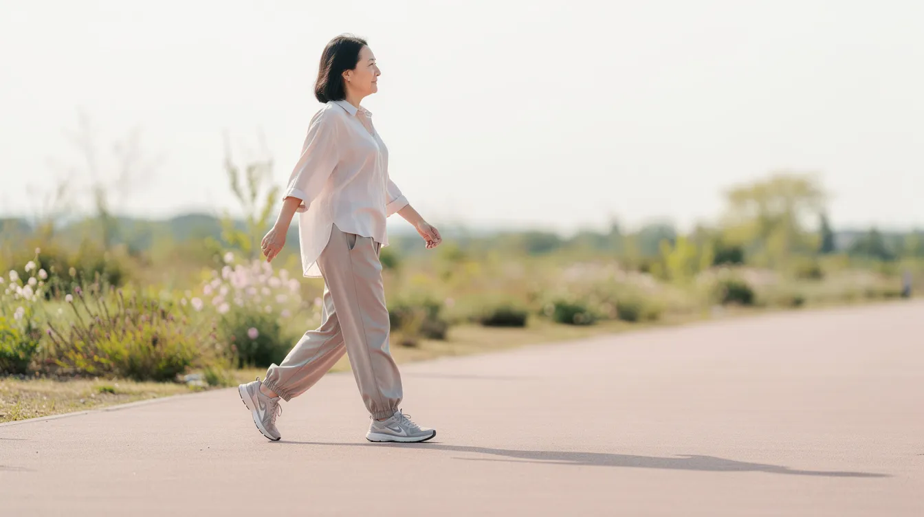 The image depicts a person walking gently on a flat outdoor path, dressed in comfortable loose clothing. This activity is part of their tummy tuck recovery process, promoting healing through light exercise while managing post-surgical swelling and encouraging blood flow.