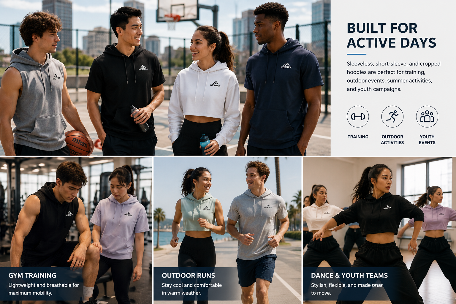 Cropped hoodies and oversized hoodies used for youth marketing, merch, and fashion campaigns