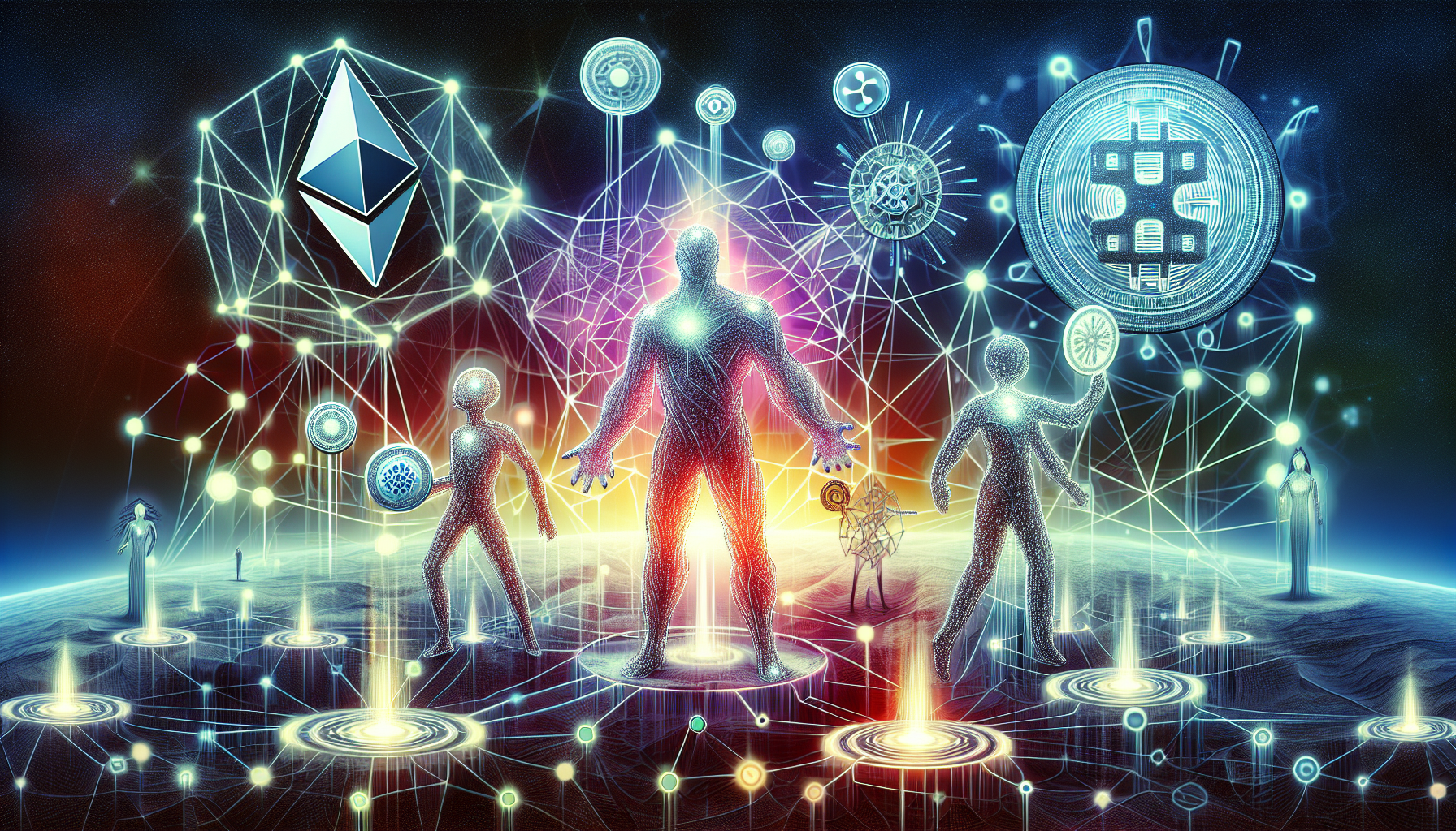 Illustration of popular cryptocurrencies like Ethereum, Cardano, and Polkadot