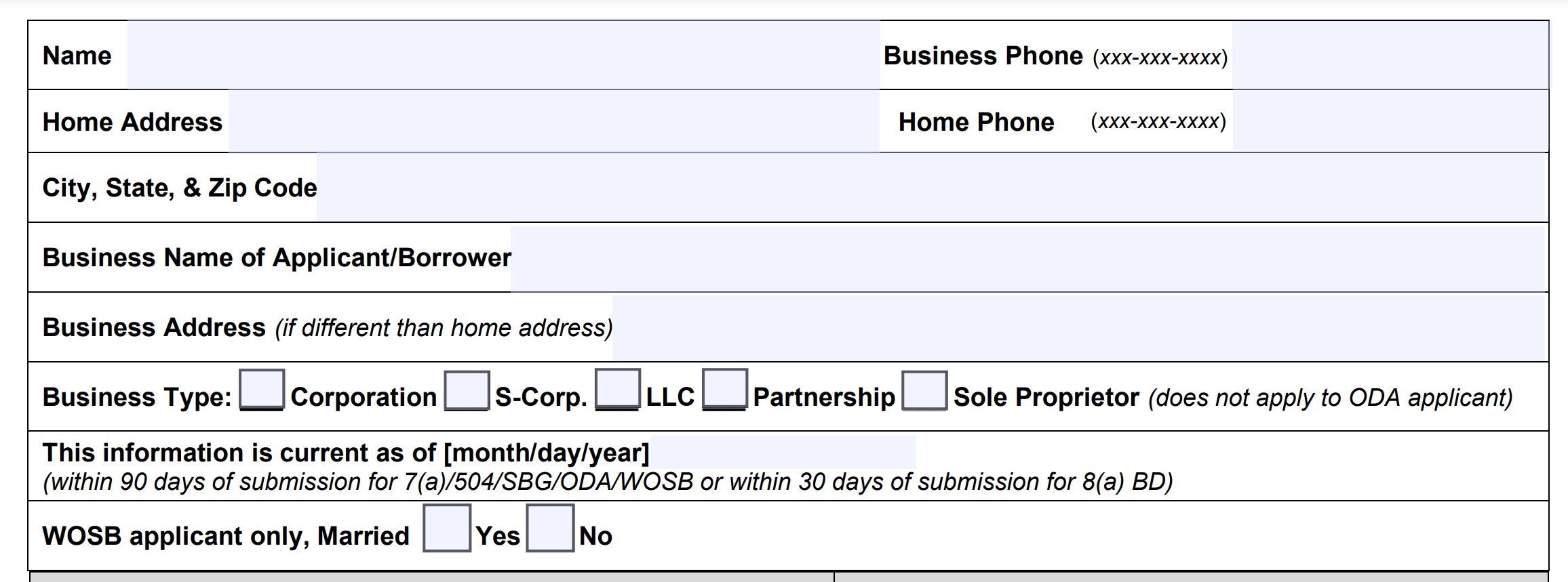 Personal financial statement, personal and business information