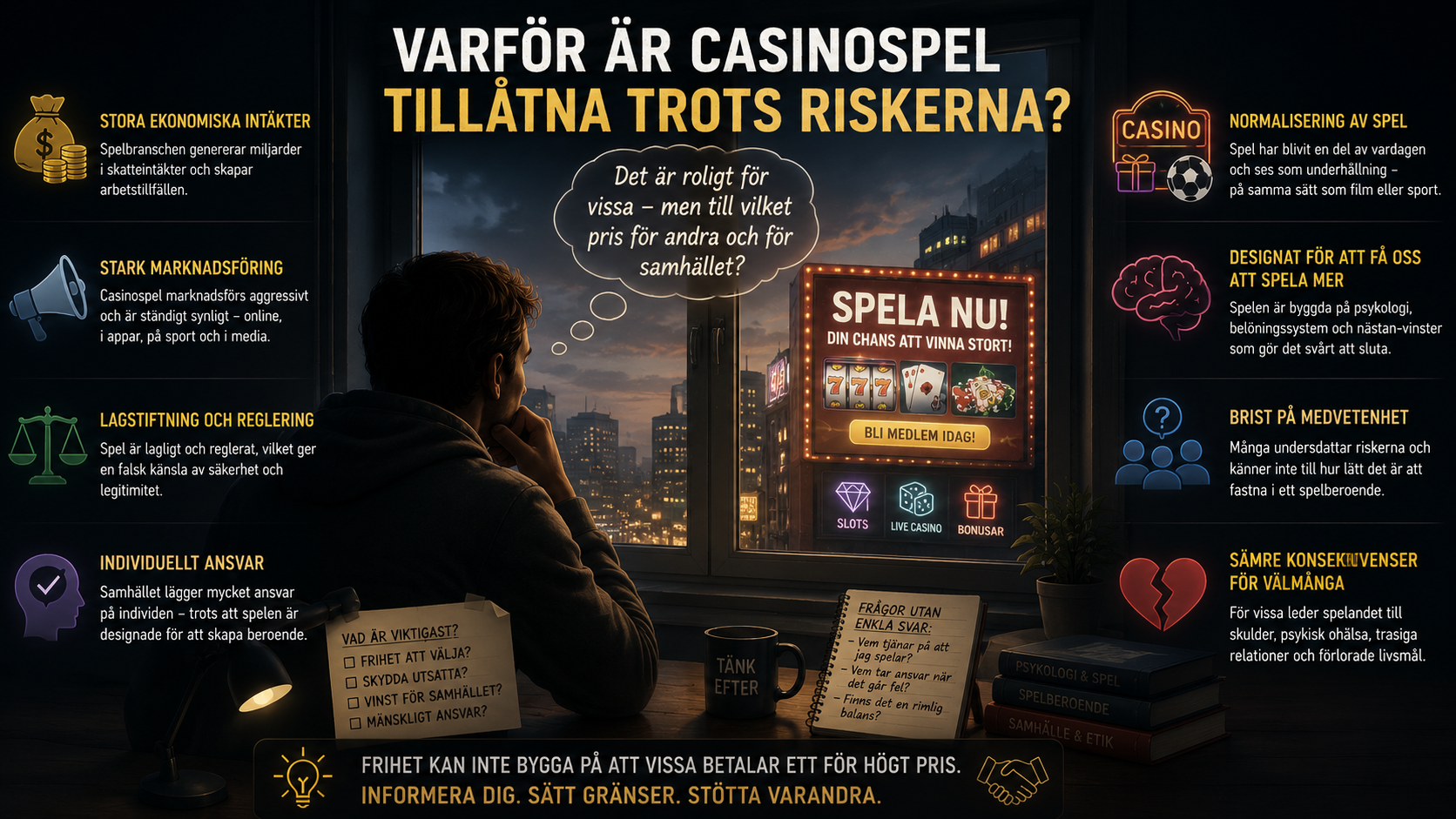 Infografik om varför casinospel är tillåtna trots riskerna, inklusive ekonomi, marknadsföring, reglering och spelansvar.