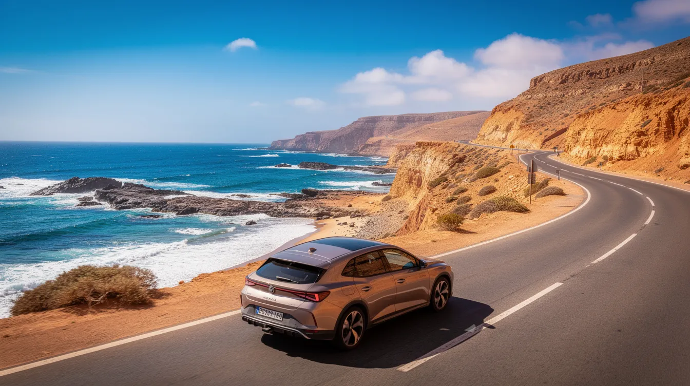 A rental car drives along a sunny Atlantic coastal road near Agadir, offering stunning ocean views and dramatic cliffs. This picturesque scene captures the essence of a vacation rental experience in Morocco, perfect for exploring the local culture.
