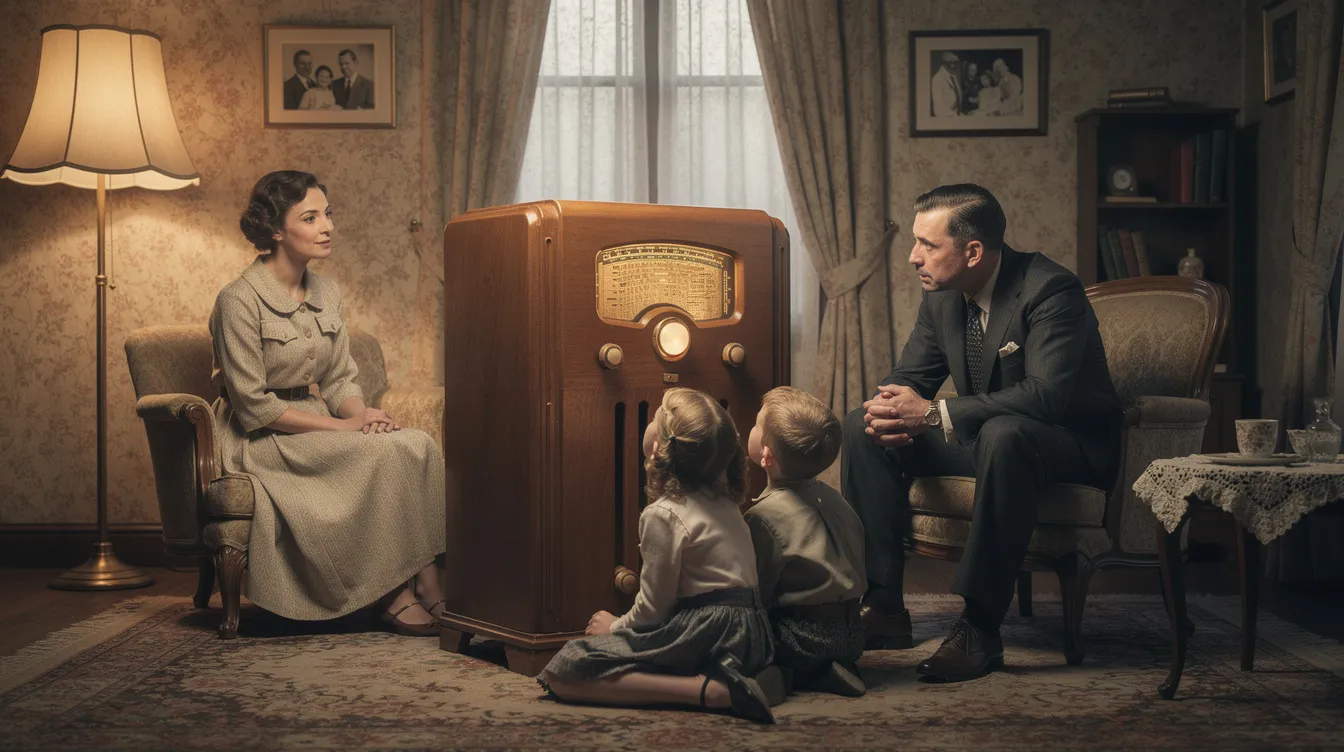 Eine Familie aus den 1930er Jahren sitzt in ihrem Wohnzimmer um ein großes Radiogerät, während sie gebannt einer spannenden Sendung lauscht. Die Atmosphäre ist gemütlich und nostalgisch, und die Charaktere der Geschichte scheinen die Zuhörer in ihren Bann zu ziehen.