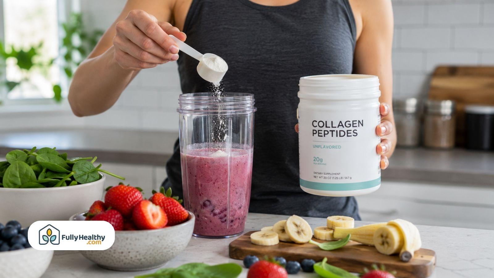Person adding unflavored collagen peptides powder to a fresh berry smoothie with strawberries, blueberries, banana, and spinach.