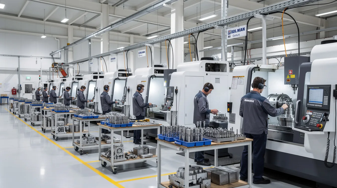 The image depicts a modern manufacturing floor bustling with activity, featuring rows of CNC machines and skilled operators working on metal parts. This environment showcases the rapid prototyping process, highlighting advanced techniques like CNC machining and additive manufacturing technologies used to create high-quality prototypes efficiently.