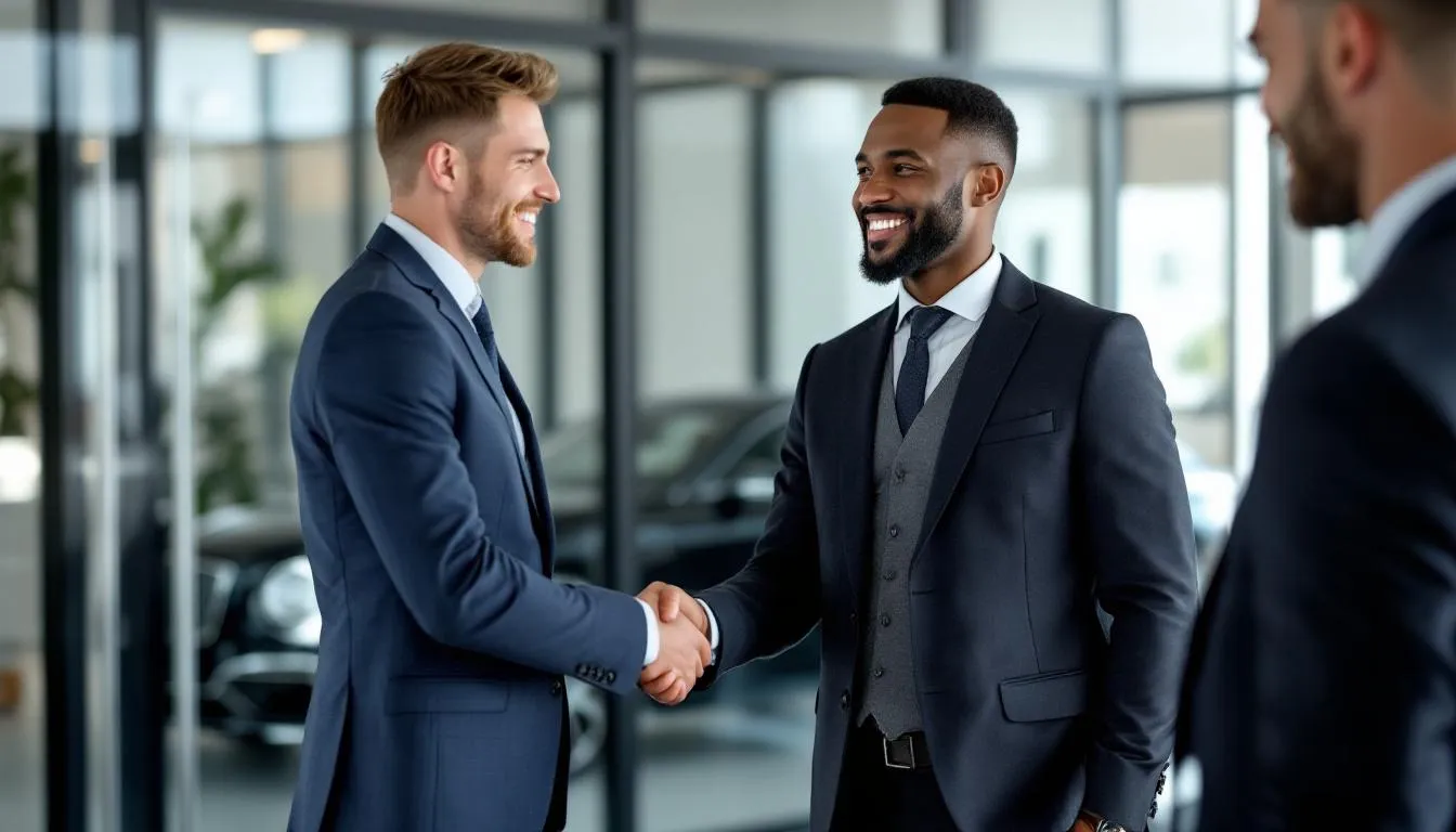 In the image, a small business owner is shaking hands with a business loan broker, symbolizing the approval of a business vehicle loan. A car is visible in the background, suggesting that the owner is ready to expand their business with new commercial vehicles.