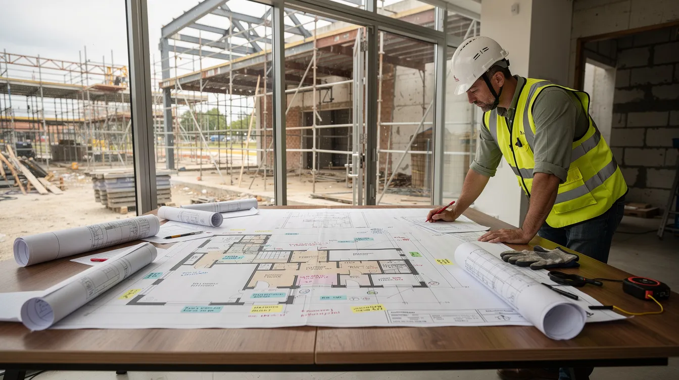 An individual is intently reviewing blueprints and renovation plans laid out on a table at a construction site, surrounded by tools and materials, indicating preparation for a fix and flip project. This scene reflects the practical aspects of real estate investing, where understanding the renovation costs and property value is crucial for securing hard money loans and achieving investment goals.