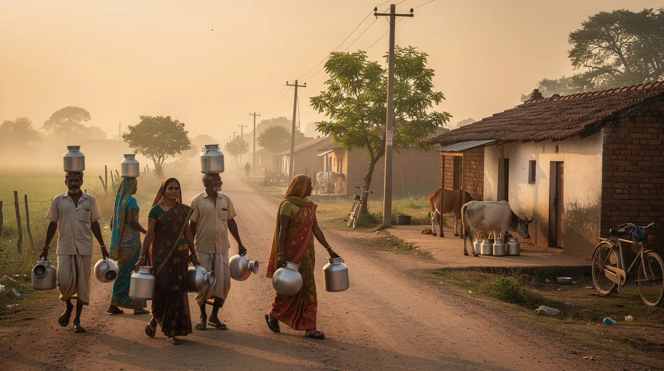 bad8b770 64b9 409d 835d 8c200044aa0b In a serene rural Indian morning, farmers are seen walking along a village road, each carrying containers filled with fresh raw milk, essential for dairy processing. This scene highlights the importance of milk collection in the dairy industry, where quality assurance and efficient production planning play a vital role in delivering value-added dairy products.