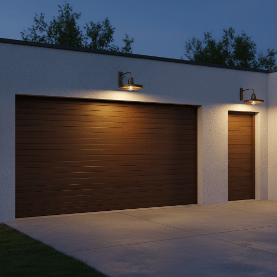 Barn lights installed above garage doors, providing wide, even outdoor lighting at night.
