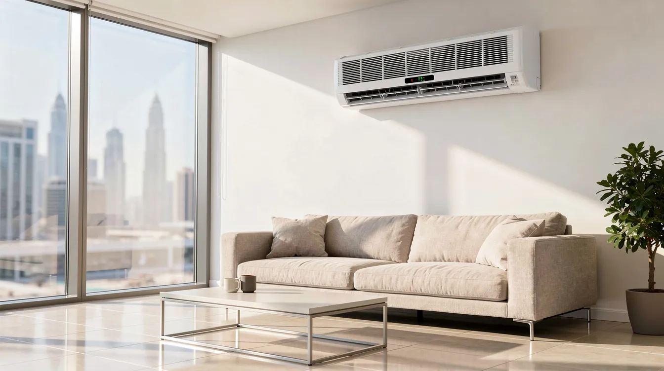 A modern split air conditioning unit is mounted on the wall of a bright living room in a Dubai apartment, providing efficient cooling for the space. The unit reflects the importance of regular AC maintenance and professional air conditioning solutions for enhancing indoor air quality.