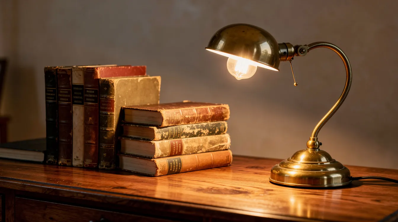 En klassisk mässingsbordslampa står elegant bredvid en hög med böcker på ett träskrivbord, vilket ger en varm och inbjudande belysning till rummet. Lampan, med sin tidlösa design, passar perfekt in i hemmet och skapar en trivsam stämning för läsning eller arbete.