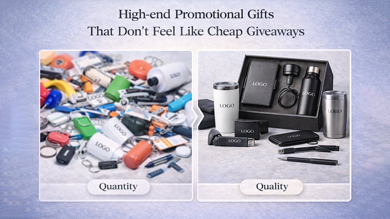 Side by side image showing quantity cheap promotional items versus quality luxury branded gift set