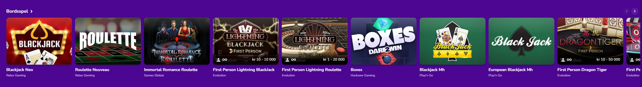 Bordsspel hos Happy Casino med blackjack, roulette och Dragon Tiger från flera spelleverantörer.
