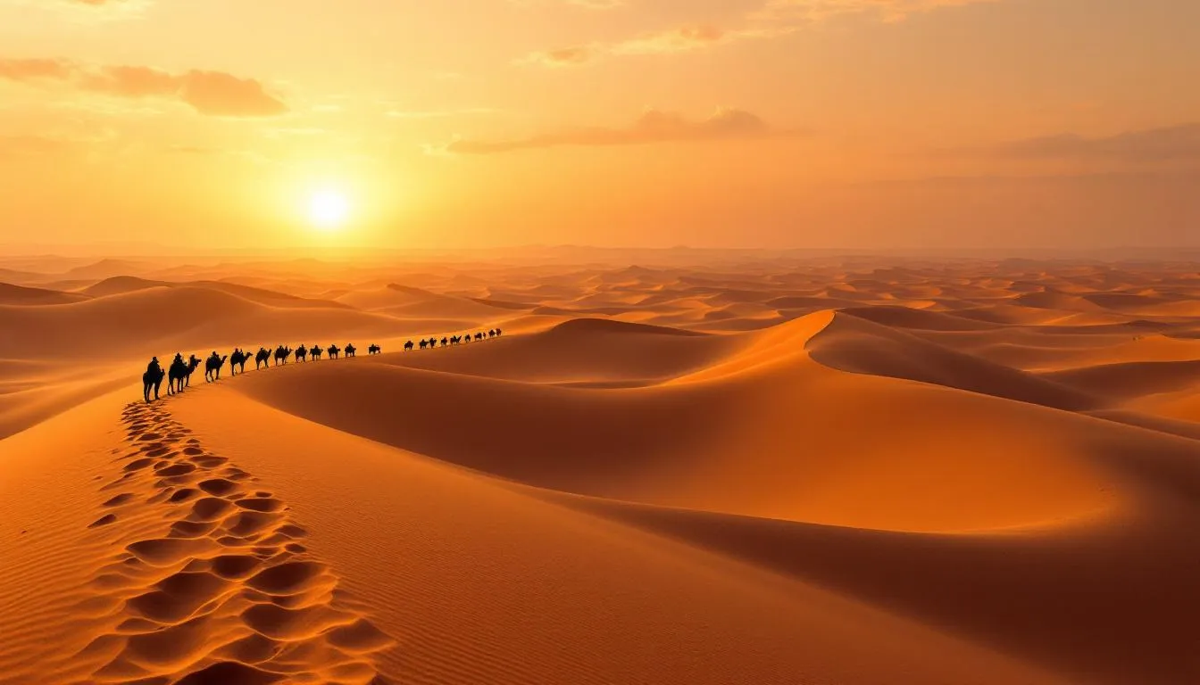 A panoramic view of the Sahara Desert showcases golden dunes stretching endlessly to the horizon, with a silhouette of a camel caravan traversing the landscape, embodying the rich history and cultural adventure of Morocco tours. This breathtaking scene invites exploration of local communities and the unique Moroccan culture that thrives in this iconic desert region.