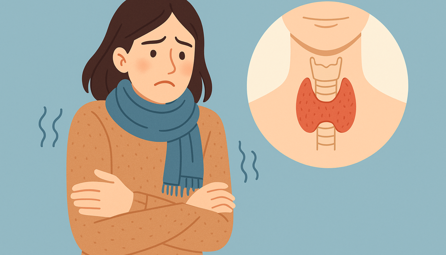 En kvinne med skjerf skjelver og ser bekymret ut, mens en sirkel viser skjoldbruskkjertelen som mulig årsak til symptomer som kulde og uro.