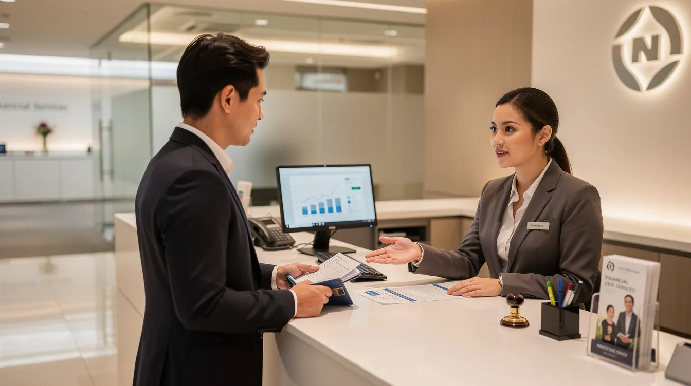 A person is standing at a bank counter, discussing transaction details with a bank representative regarding a financial transaction, possibly related to sending money domestically or internationally through wire transfers. The scene captures the interaction as they address the necessary steps to ensure the transfer is completed securely and accurately.