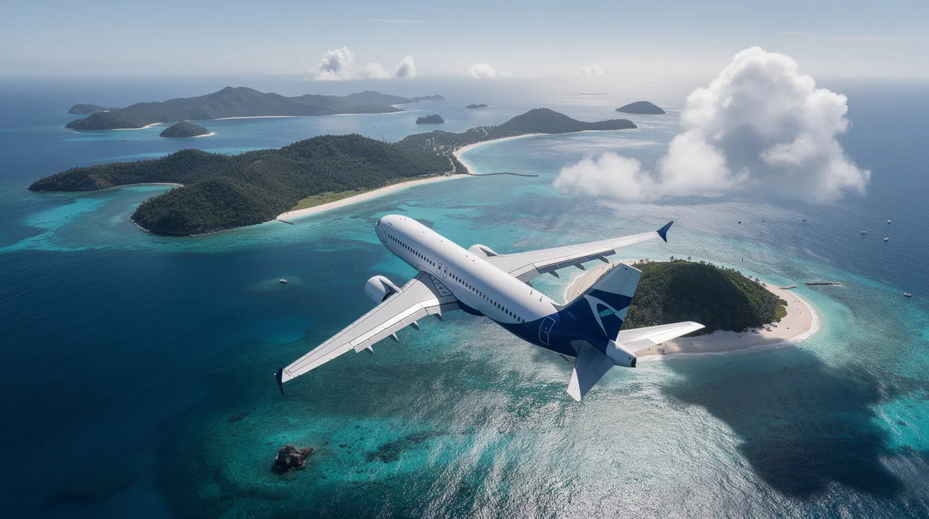 A commercial airplane soars above a picturesque scene of tropical islands with white sandy beaches and vibrant turquoise waters below. This idyllic view captures the essence of travel, evoking thoughts of booking the cheapest business class flights or finding cheap last minute deals to these stunning destinations.