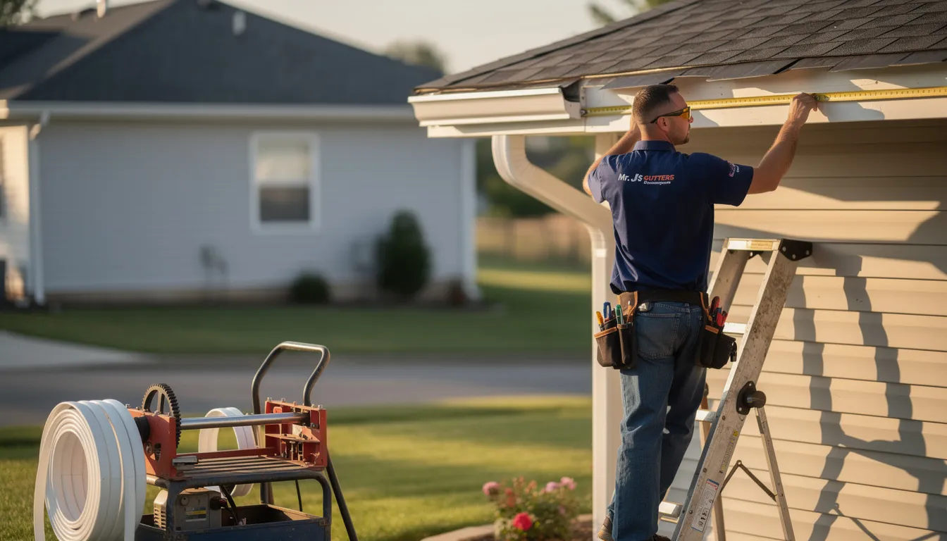 A technician from Mr. J's Gutters and Downspouts is carefully measuring for a seamless gutter installation at a residential property in Colorado Springs. This professional service aims to ensure a perfect fit for the new gutters, helping to prevent water damage and costly repairs.