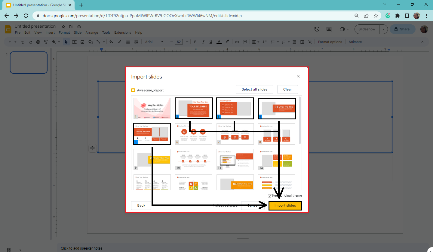 Select the presentation slides you want to import in Google Slides from your Microsoft PowerPoint file.