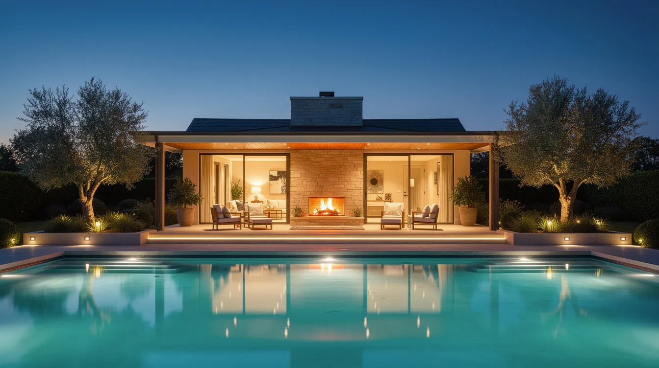 The image depicts a cozy pool house at dusk, illuminated by warm interior lights and a glowing fireplace on the porch, creating an inviting atmosphere for entertaining guests. Landscape lighting highlights the pool area, enhancing the backyard oasis feel, perfect for hosting FIFA World Cup viewing parties.