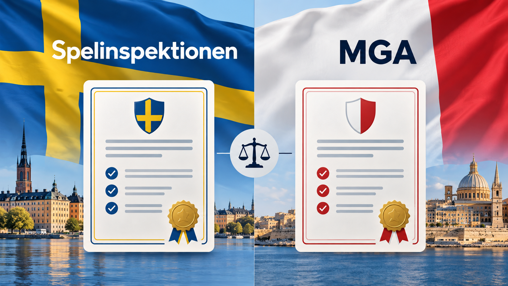 Illustration jämför svensk spellicens från Spelinspektionen med MGA-licens från Malta.