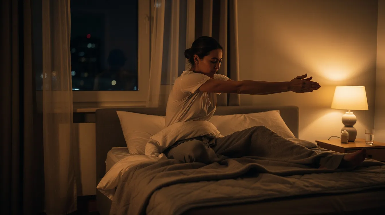 A person is stretching in a dimly lit bedroom, illuminated by soft lamp lighting, as they prepare for sleep. This calming routine may help improve sleep quality and aid in falling asleep faster, contributing to better sleep habits and overall health.