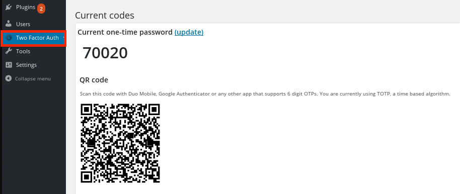 Locate the Two Factor Auth Setting on the WordPress dashboard. Source: wordpress.org