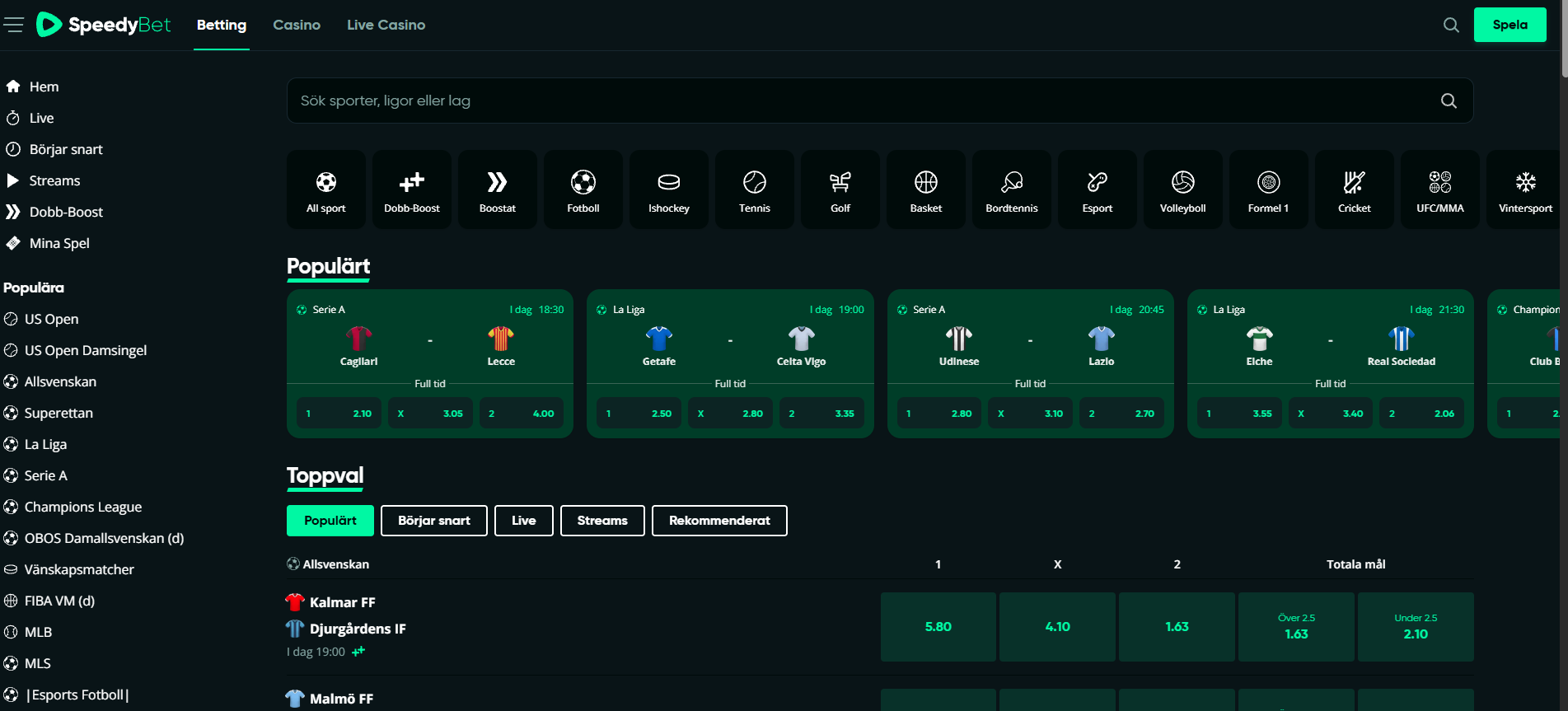 SpeedyBets bettingsida med sporter, matcher och aktuella odds.