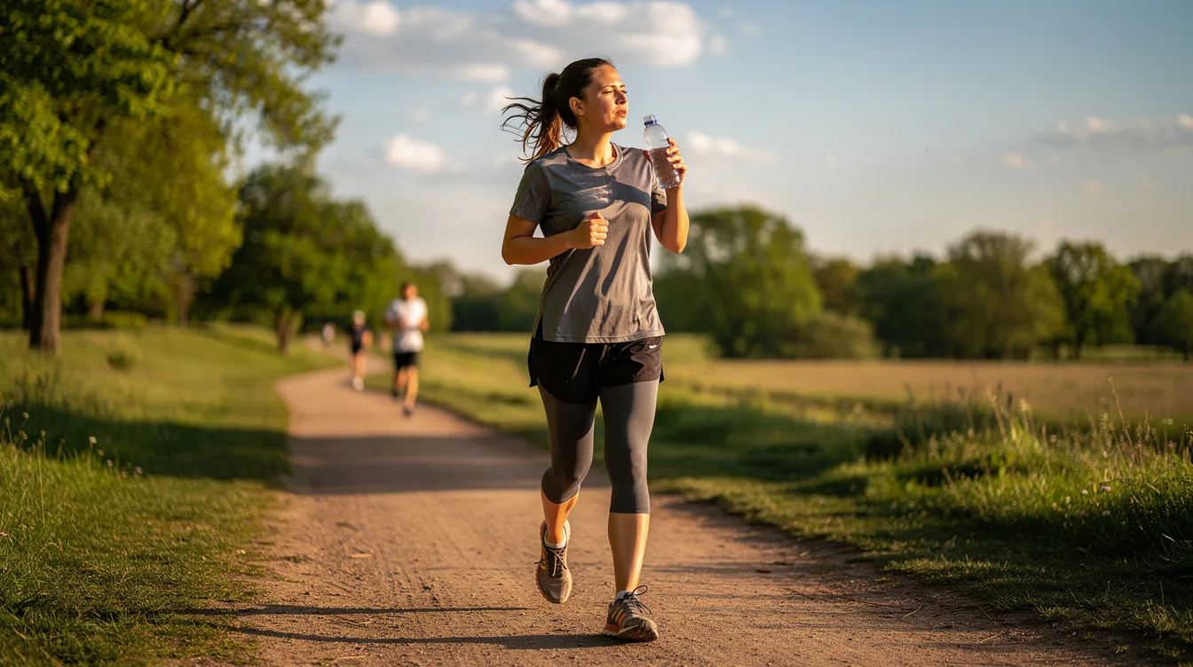 A person is taking a break outdoors on a sunny trail after a light jog, holding a water bottle filled with an electrolyte drink mix. The scene captures the essence of hydration and refreshment, ideal for maintaining daily hydration with zero sugar and delicious natural flavors.