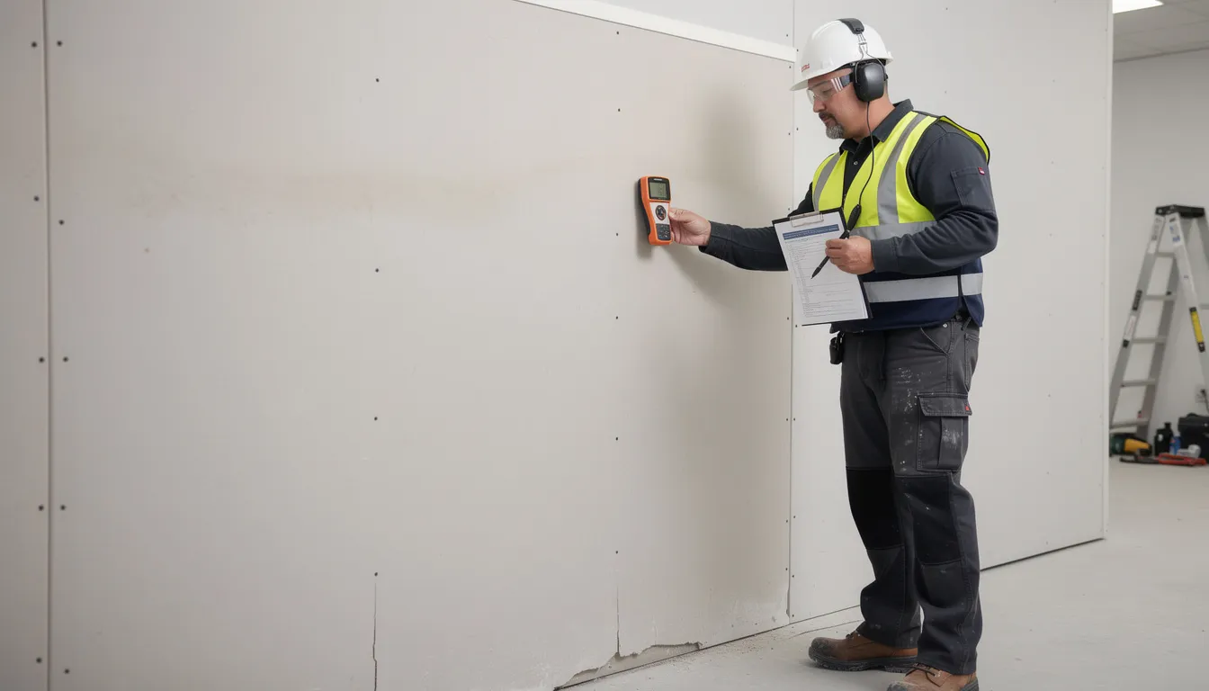 A professional mold inspector, equipped with protective gear and specialized equipment, is inspecting a wall for moisture damage, which could indicate potential mold growth. The inspector is focused on identifying any signs of mold contamination that may pose serious health risks.
