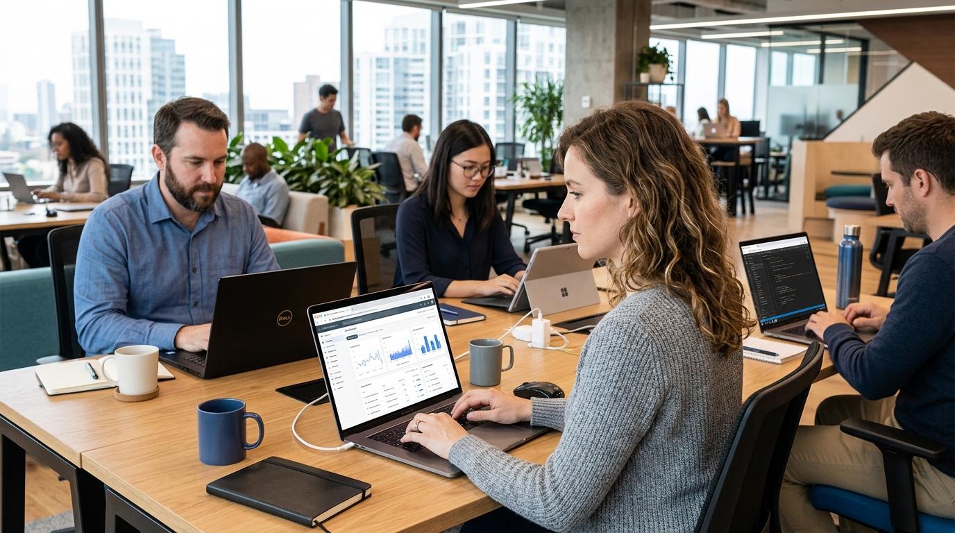 Modern cloud computing scene with users seamlessly accessing software and desktops from browsers while enterprise teams maintain large-scale cloud infrastructure for traditional workloads.