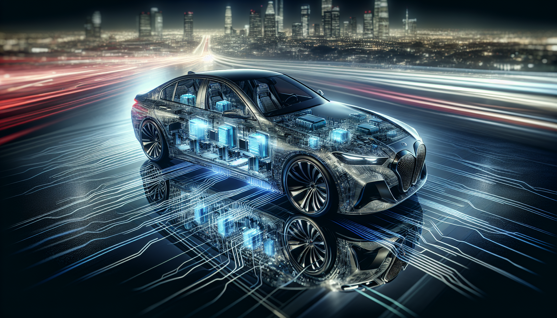 Illustration of modern vehicle with integrated semiconductor chips