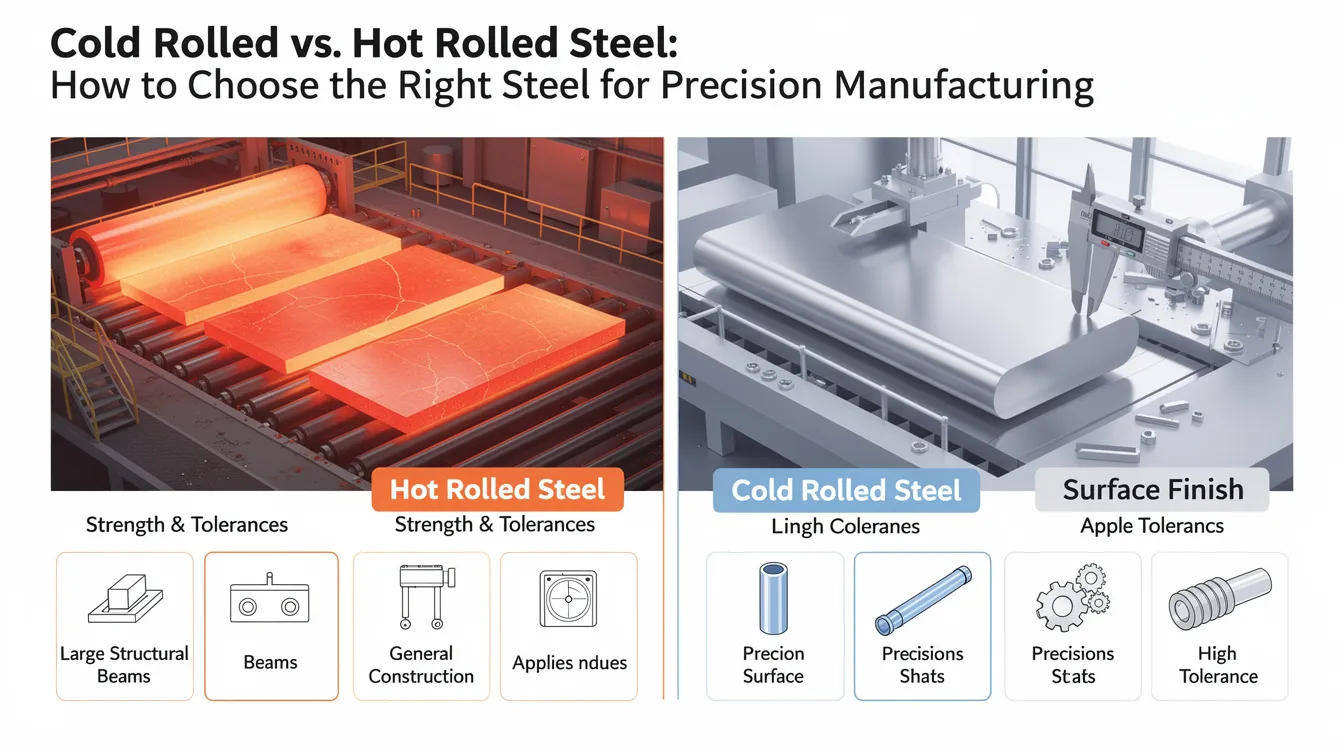 The image illustrates the comparison between cold rolled steel and hot rolled steel, highlighting their distinct characteristics such as surface finish and dimensional accuracy. Cold rolled steel is shown with a smooth surface and tighter tolerances, while hot rolled steel features a rougher surface and is typically used for larger sizes and various shapes in construction and manufacturing.