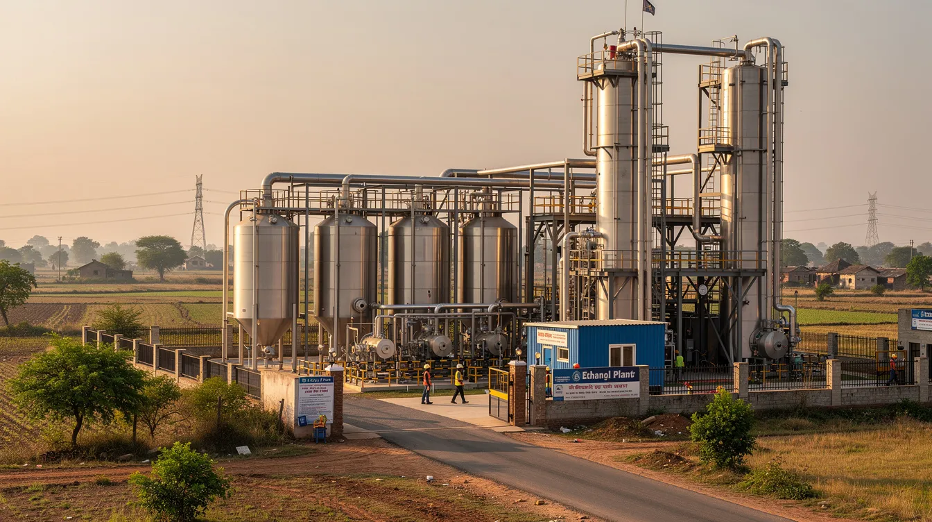 baf6a5fd dc3b 44ac 8394 1646527cbc02 The image depicts a large industrial ethanol distillery plant in a rural Indian setting, featuring towering steel tanks and extensive piping systems. This facility is part of the country's efforts to enhance ethanol production capacity, supporting various ethanol projects and contributing to the blending of ethanol with petrol under the petrol EBP programme.