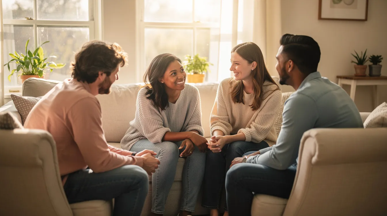A small group of people is sitting together in a bright room, engaging in a supportive conversation about their recovery journey, sharing experiences related to substance abuse and personal growth. This gathering highlights the importance of community and coping mechanisms in achieving and maintaining a sober life.