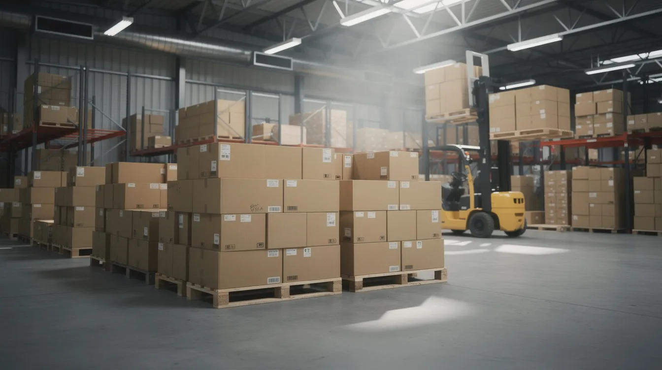Das Bild zeigt einen Stapel von Versandkartons, die ordentlich in einem Lagerhaus angeordnet sind, mit einem Gabelstapler im Hintergrund, der bereit ist, beim Transport des Inventars zu helfen. Diese Szenerie spiegelt die Logistik in der Modebranche wider, in der Einzelhändler hochwertige Schuhe und Turnschuhe verwalten, um die Kundenwünsche effizient zu erfüllen.