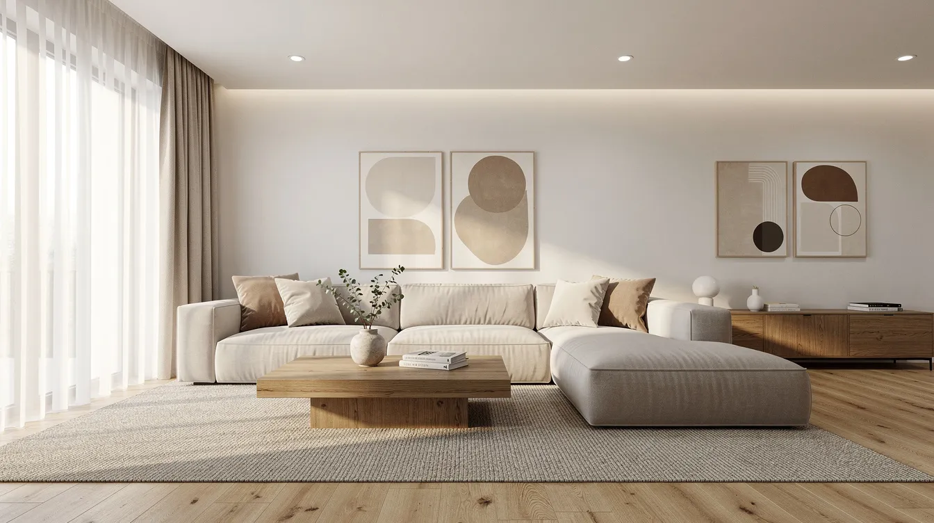 The image features a neutral-toned modular sofa adorned with plush cushions, paired with a stylish timber coffee table, creating a cozy and inviting atmosphere in a modern living room. This setup showcases quality furniture that combines aesthetic appeal with functionality, perfect for contemporary homes.
