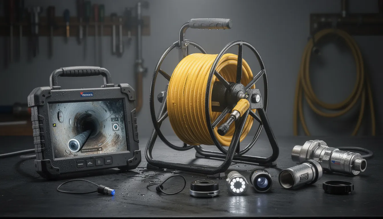 The image features waterproof plumbing camera equipment designed for sewer line inspections, showcasing a high-tech device that helps professional plumbers locate and identify drain clogs and other blockages within plumbing systems. This essential tool aids in providing effective plumbing solutions and addressing drainage issues efficiently.